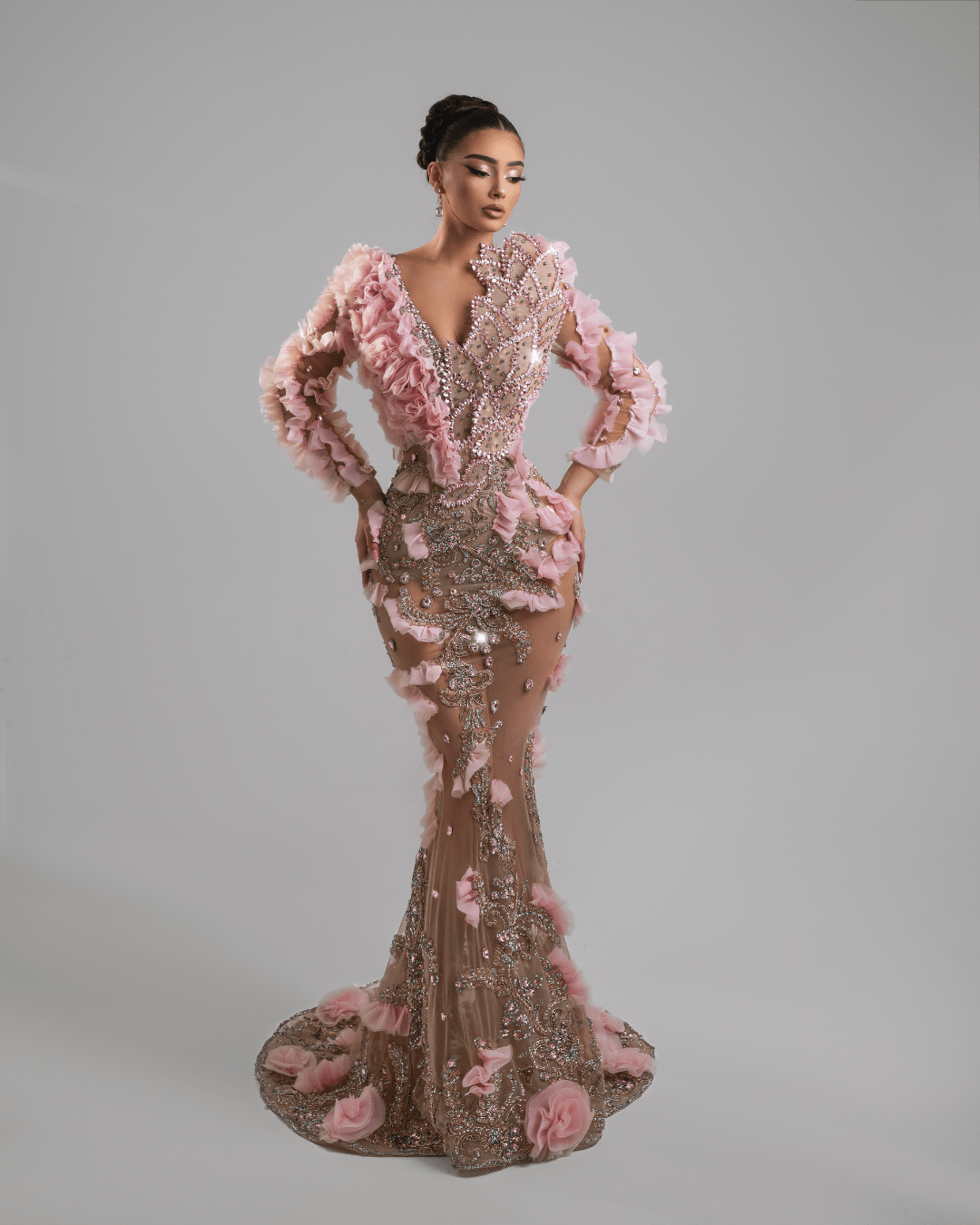 Rent Kosovo Designer Dress - BLINI UNIESA PINK LONG DRESS WITH CRYSTALS