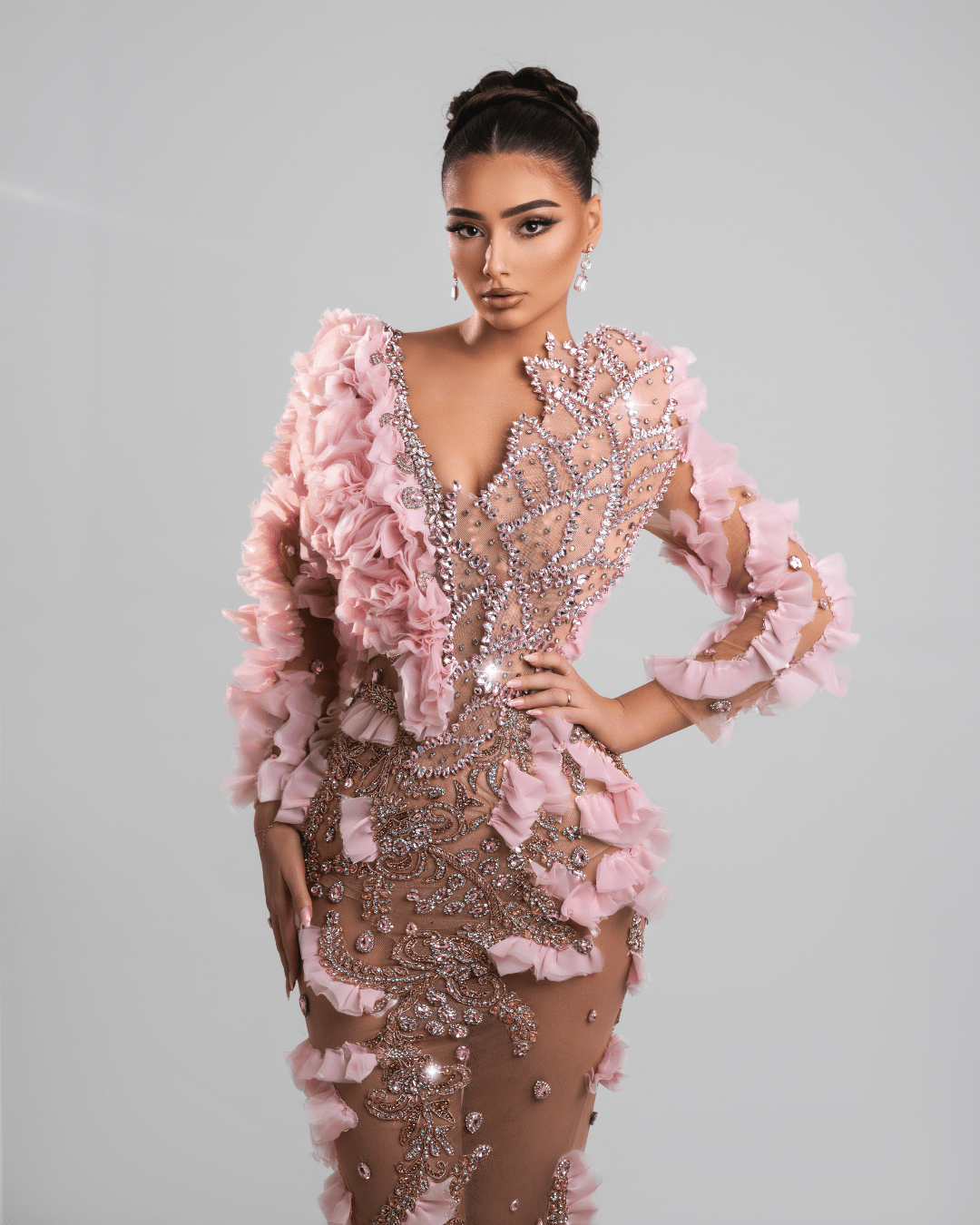 Rent Kosovo Designer Dress - BLINI UNIESA PINK LONG DRESS WITH CRYSTALS